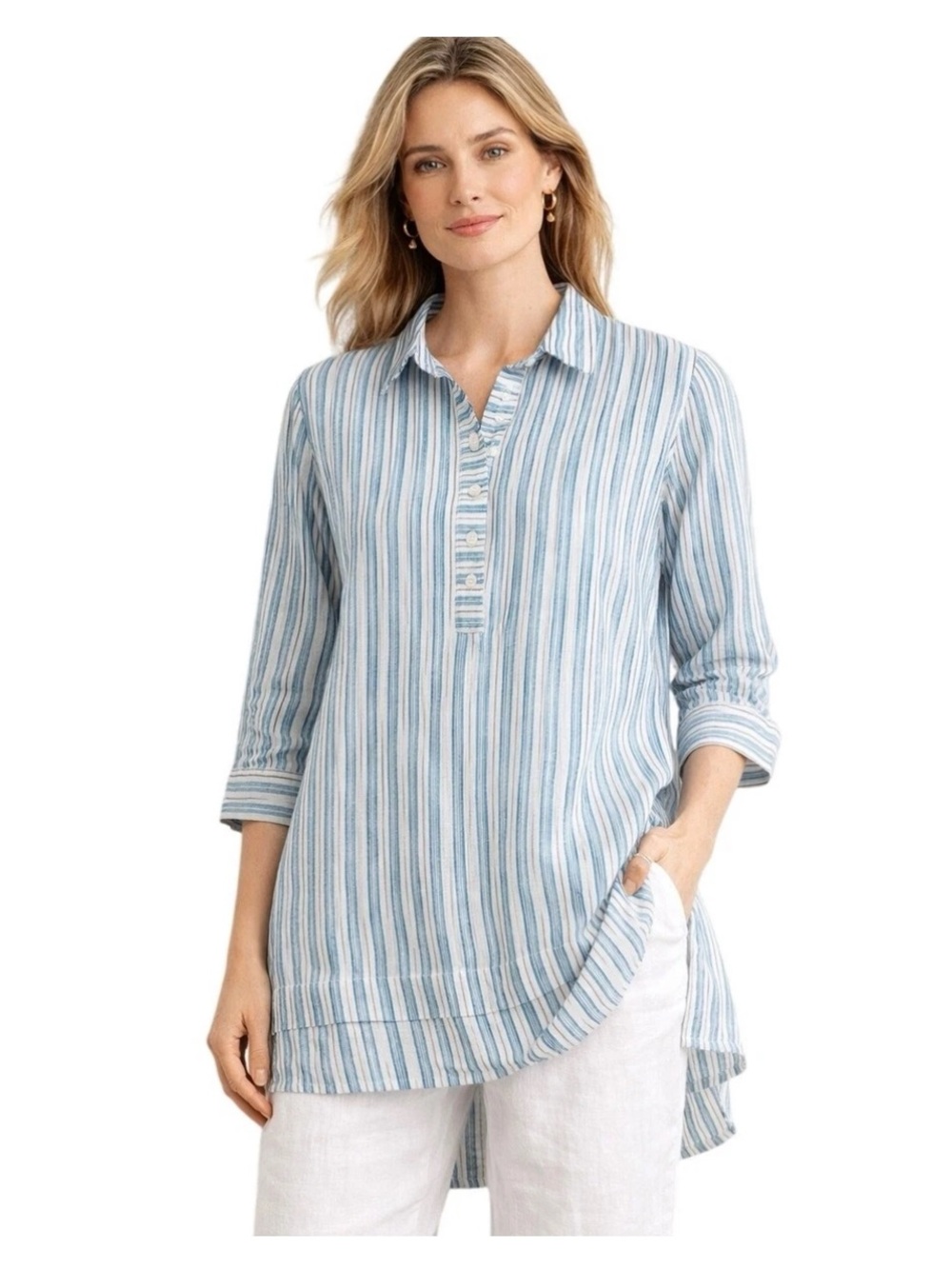 J Jill Love Striped Tunic Top 3/4 sleeve Blue White 100% linen button down 2X